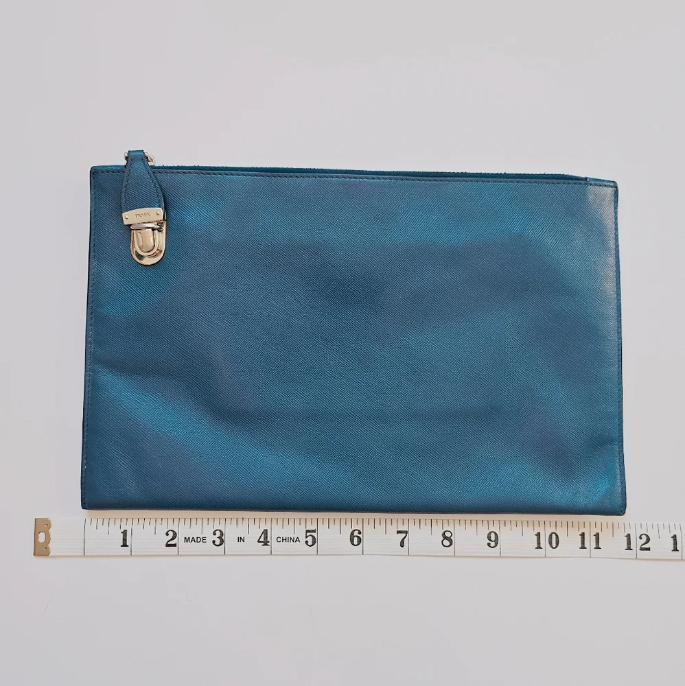 PRADA Saffiano Leather Blue Zipper Clutch Pouch Bag With Silver Hardware. - Picture 4 of 14